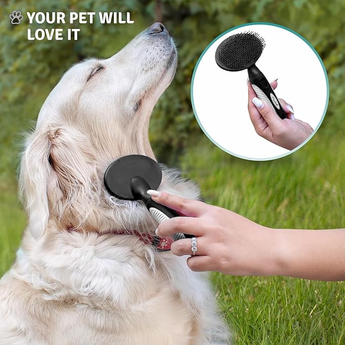 Round Bristle Pet Brush for Dogs and Cats - Soft Dog Brush for Grooming Short or Long Hair - Gentle Tool for Sensitive Skin Removes Dander, Dirt, and Detangles (Black) - AquaVibe