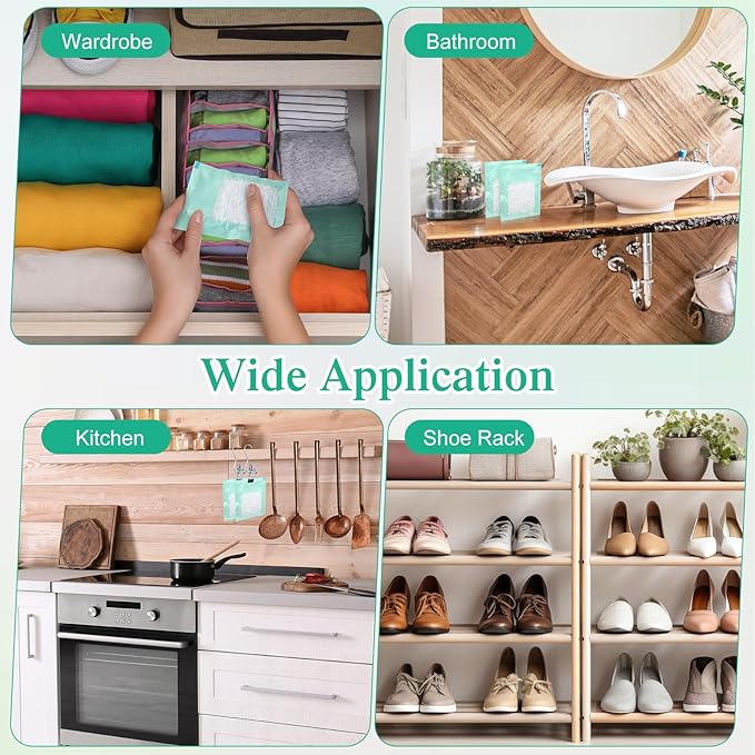 60 Pack Moisture Absorbers Dehumidifier Bags for Closet with 10 Pcs Hanging Hooks Clips Humidity Absorbers Deodorizer Unscented Humidity Absorber in Wardrobes for Bedroom Bathroom Kitchen