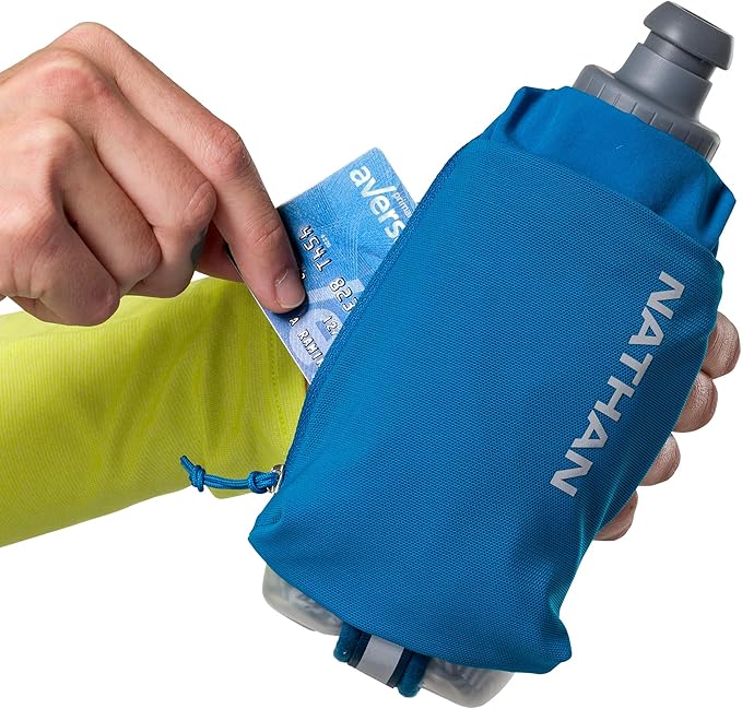 Nathan SpeedDraw 2 Insulated Handheld Running Water Bottle Flask 18oz – Double-Wall Insulation, Ergonomic Grip, Blast Valve Cap, Phone & Key Storage Pockets, Reflective Design