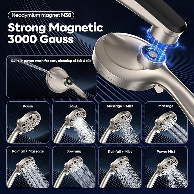 Rain Shower Head with Handheld High Pressure rainfall Shower Heads with Handheld Spray Combo Adjustable one-piece stand daul shower head Built-in Magnetic Docking and Power Jets-Nickel