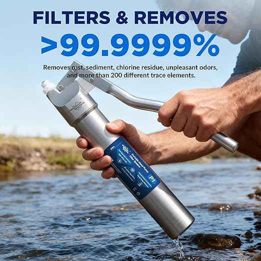 Membrane Solutions Portable Stainless Steel UF Water Filter P1, 0.01-Micron high Precision Detachable Hand Pump Filter System, Survival Gear for Hiking, Camping, Travel, and Emergency Preparedness