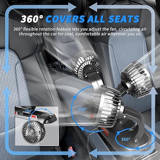 Portable 3-Head Car Cooling Fan - 2-Speed Adjustable, 360° Rotating USB Fan Powerful Airflow for Vehicles, RVs, and SUVs