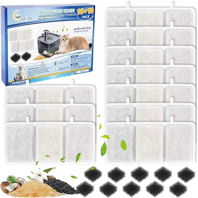 20PCS Filters Compatible with Petory Cat Water Fountain - 74oz/2.2L Automatic - 10PCS Cat Fountain Filter Replacement & 10PCS Foam Filter - AquaVibe