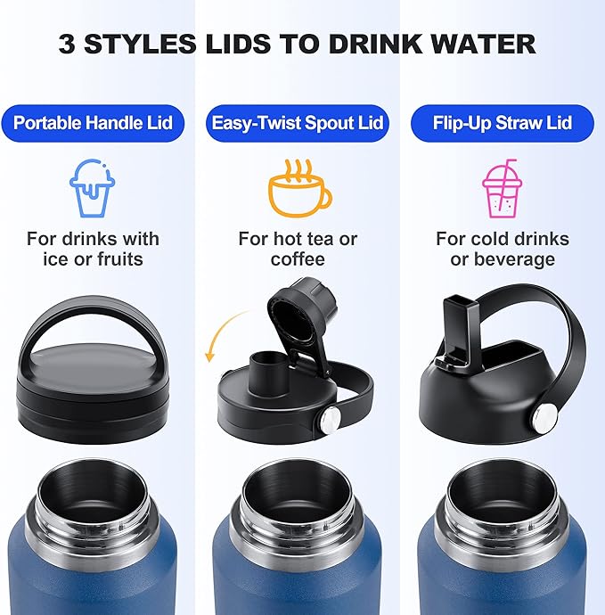 HYDROWION Insulated Water Bottles, Water Bottle fits in Car Cup Holder (Cold 48 hrs, Hot 24 hrs) with Straw Lid, Spout Lid and Flex Cap,T-shpaed Water Bottle Leakproof Travel Thermo Tumbler,Blue&Black