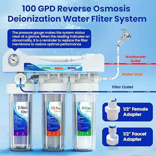 4 Stage Reverse Osmosis Deionization Water Fliter System, with Pressure Gauge and Deionization Water Filter, RO/DI Water Filtration System with Flushing Valve，100 GPD