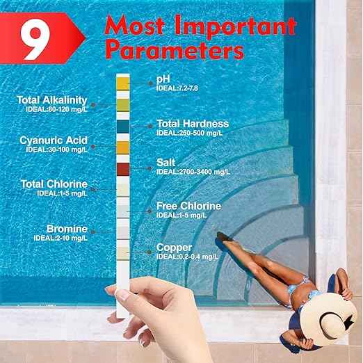 Pool Salt Test Strips, Hot Tub Test Strips 9 in 1, Accurate Pool Testing Kit for pH,Total Alkalinity,Salt, Copper,Total Hardness,Cyanuric Acid,Total Chlorine,Free Chlorine,Bromine, 100ct