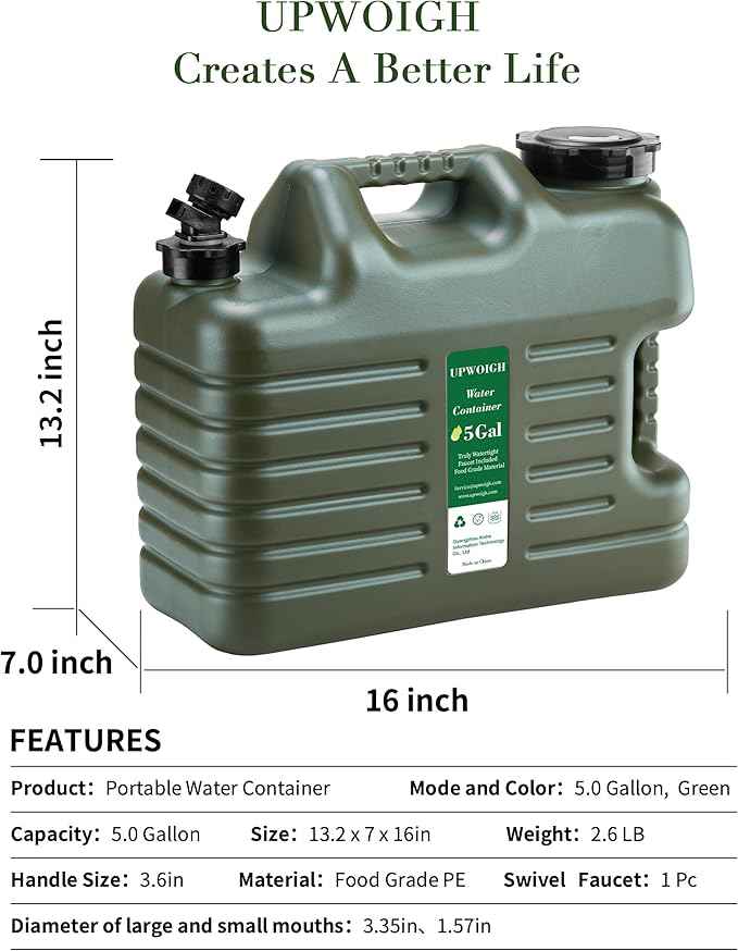 5 Gallon Water Jug and 2.6Gal Collapsible Water Bag Set of 2,Thickened Water Storage Overlanding Gear Containers, Camping Essential Leak-Proof Green Portable Water Tank,BPA Free Outdoors Hiking