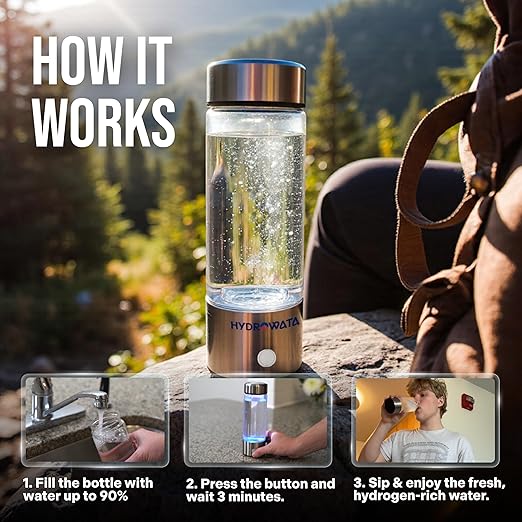 HydroWata Portable Hydrogen Water Bottle – 14oz (420ml) Hydrogen Water Generator with SPE PEM Technology, Rechargeable Water Ionizer for Daily Hydration, Travel, Office & Fitness