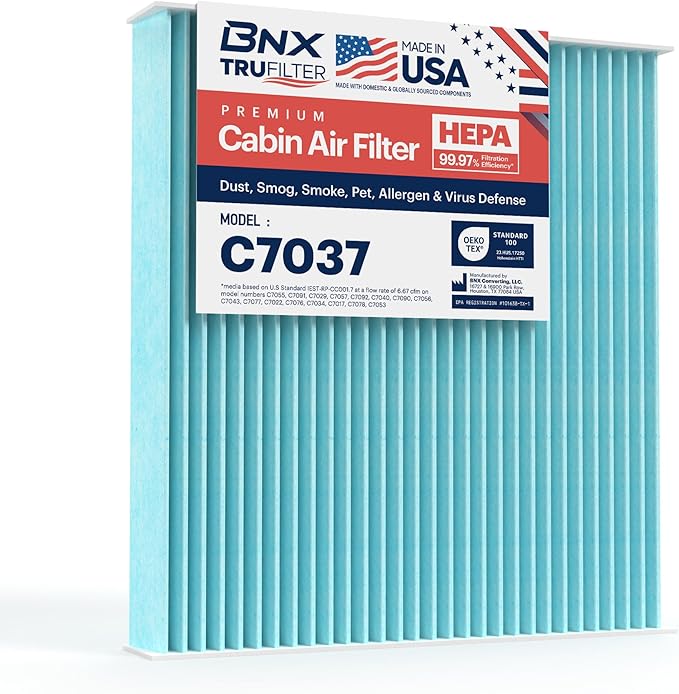 BNX TruFilter C7037 Cabin Air Filter, HEPA 99.97%, MADE IN USA, Compatible With Acura: RDX; Honda: Accord, Civic, Clarity, CR-V, CR-Z, Fit, HR-V, Insight, Odyssey