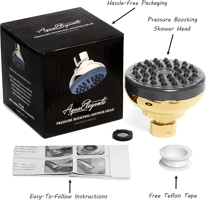 Pressure Boosting Shower Head - High Pressure Water Saver Showerhead Best For Low Flow Showers, 2.5 GPM - Polished Brass - AquaVibe