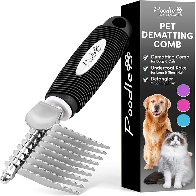Poodle Dematting Fur Rake Comb Brush for Dogs and Cats - Long 2.5" Steel Safety Blades Metal Comb for Detangling Matted or Knotted Undercoat Hair - AquaVibe