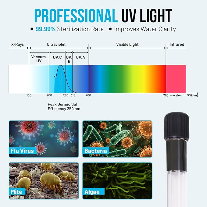 13W UV Water Sterilizer with 9.84 ft Cable for up to 300 Gallon Aquariums, Ponds & Pools - Professional UV Clarifier for Green Water Control in Koi Ponds, Fish Tanks, Spas & Cold Plunge