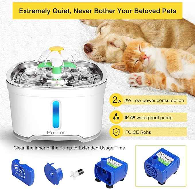 Cat Water Dispenser, Parner Stainless Steel Pet Fountain Flower 2.5L Auto Cat Fountain, Quiet Cat Drinking Fountain with 4 Filters & 1 Silicone Mat & 2 Cleaning Brushes for Cat, Dog, Bird, Other Pets