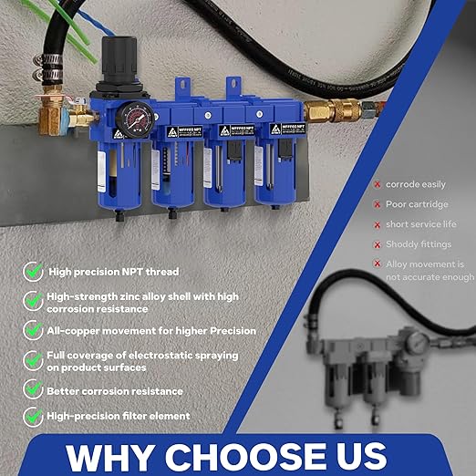 3/8 Inch NPT 4 Stage Air Drying System,Brass Filter, Coalescing Filter,Double Desiccant Dryers & Air Regulator,Metal Bowl, Semi-Auto Drain,Industrial Grade(Blue) - AquaVibe