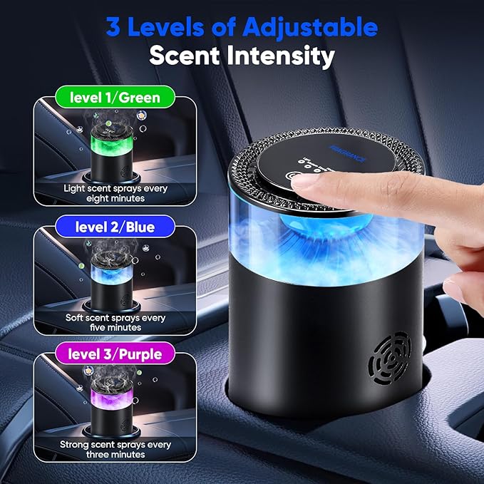 Smart Car Air Freshener Car Air Diffuser with Beautiful Cloud Mist Effect, Auto On/Off, 2 x Perfumes Refills (Osmanthus & Oceann), 900mAh Battery, 4 Modes, Ambiance Light Car Fragrance Diffuser