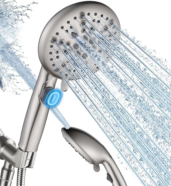 Cobbe High Pressure Shower Head with Built-in Pause Button, 9-Function Detachable Showerhead with Handheld Brass Swivel Bracket & Stainless Steel Hose, Water Saving 1-Click Stop, Brushed Nickel