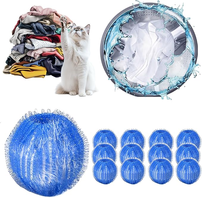 Pet Hair Remover for Laundry & Dryer Sheets Pet Hair Remover - 12PC Reusable Balls & Lint Catcher for Washing Machine, Stops Dog Cat Hair (1) - AquaVibe