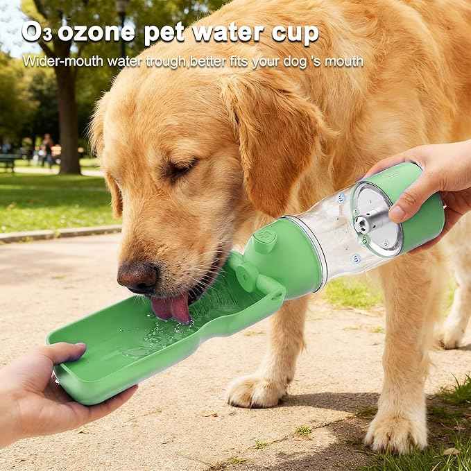 Portable Dog Water Bottle with Ozone Purification - Active Oxygen Puppy Water Bowl & Dispenser for Travel, (A-013B-Green)