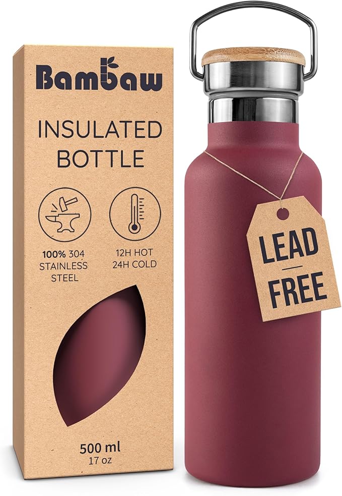 Bambaw 16 oz Water Bottle Insulated, Reusable Stainless Steel Water Bottle with Wide Mouth That Fits Tea Infusers, Made of High-Grade Stainless Steel, Durable & Easy to Clean (Red Berry)