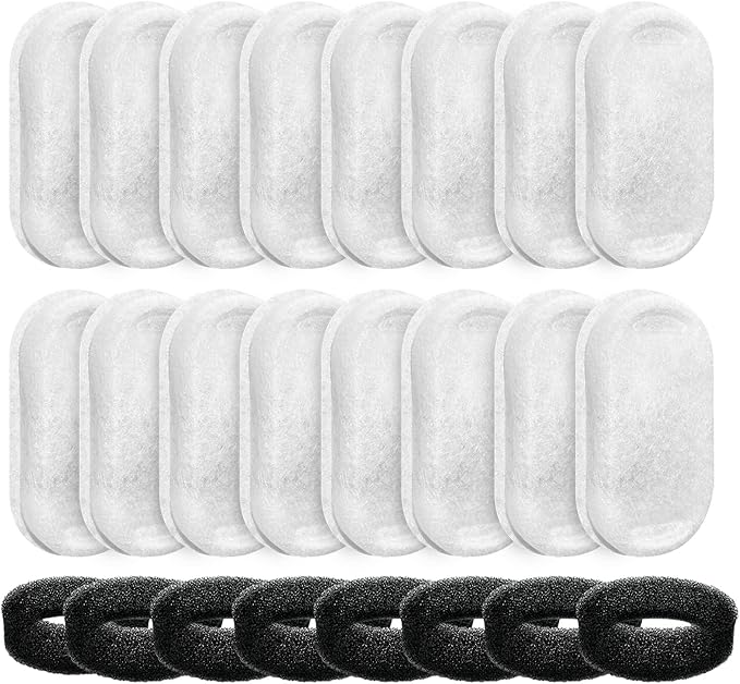 Official Replacement Filters for Tomxcute Cat Water Fountain 108oz/3.2L and 135oz/4.0L, 16 Pack Filters & 8 Sponges Foam Filter