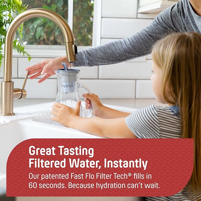 Hydros 64 Ounce Water Filter Pitcher with Patented Fast Flo Tech, 60 Second Quick Fill-Up and BPA-Free Recyclable Filter, Eight Cup Capacity, Red