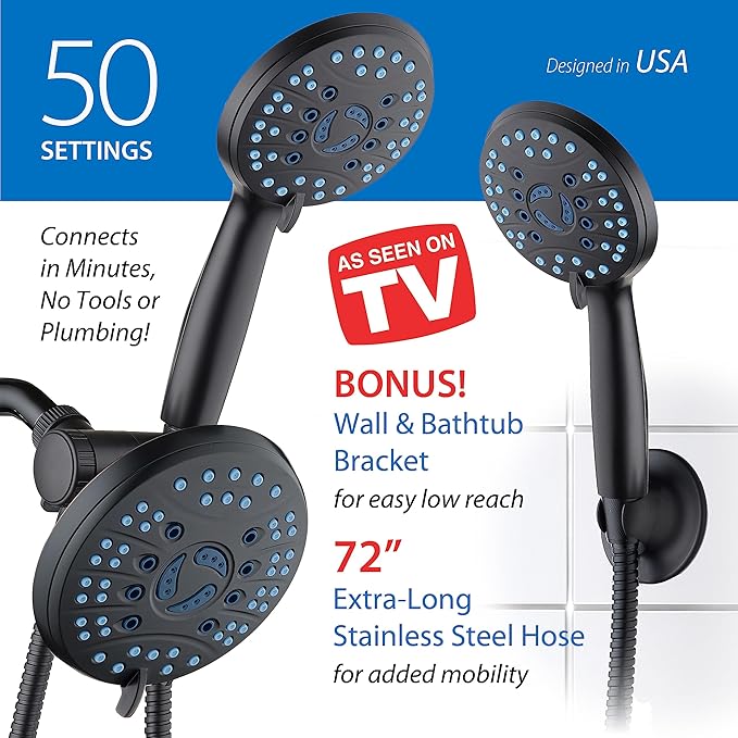 Hotel Spa AquaCare As-Seen-On-TV High Pressure Handheld & Rain 50-mode 3-way Shower Head Combo with Anti-clog Jets, 2-mode Tub & Pet Power Wash, Extra Wall Bracket, 6 ft. Hose, Matte Black