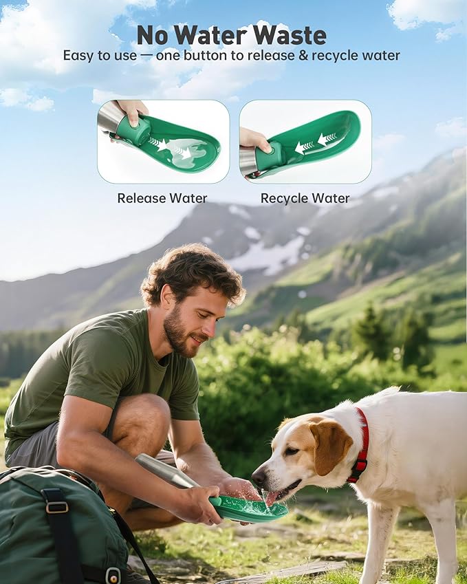 Stainless Steel Dog Water Bottle - 27 oz Portable Travel Dog Bottle & Bowl, Leak Proof Stainless Steel Metal Pet Water Bowl Dispenser for Camping, Hiking, Traveling, Walking (27oz, Green) - AquaVibe