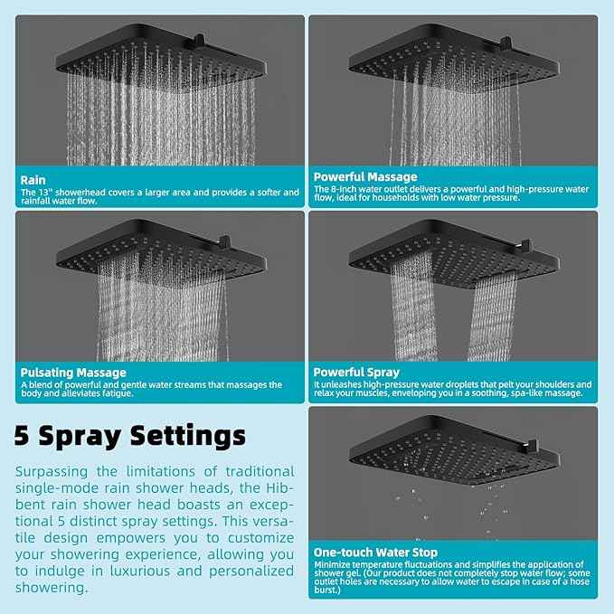 Hibbent cUPC Certified 5 Spray Modes Shower Head, 13'' High Pressure Large Rainfall Shower Head, High Flow Waterfall Bathroom Fixed Showerheads, Adjustable Swivel Ball Joint, Matte Black