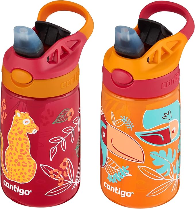 Contigo Aubrey Kids Water Bottle with Silicone Straw and Spill-Proof Lid,14 oz,Cheetahs & Toucans,(Pack of 8)