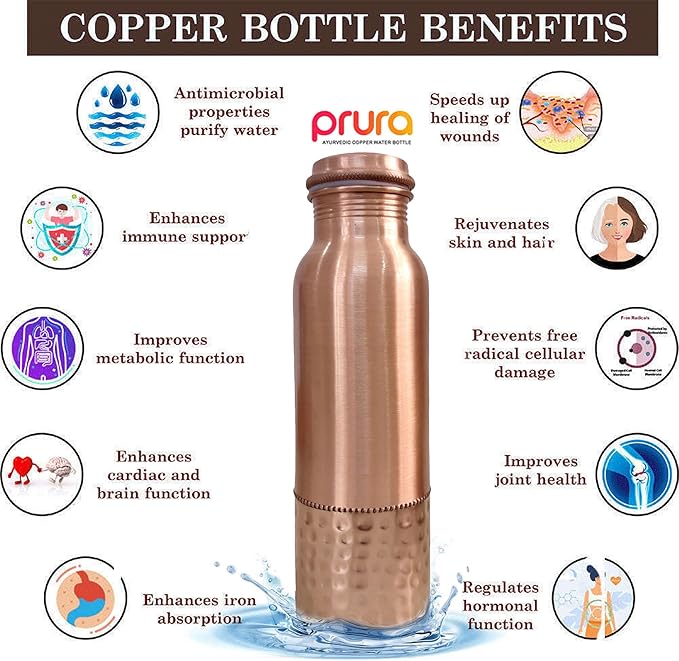 Pure Hammered Copper Water Bottle 32 oz - Drink More Water, Lower Your Sugar Intake And Enjoy the Benefits