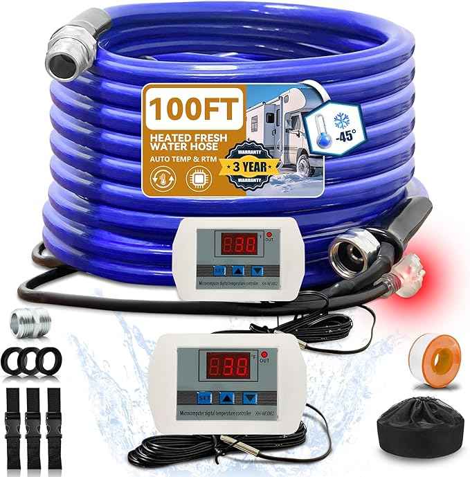 Cupohus Heated Water Hose for RV 100FT- Adjustable Temperature Control & Real-Time Monitor, Freeze Protection Down to -45℉ for Winter Camping, RV Travel, Outdoor Enthusiasts, 110-120V