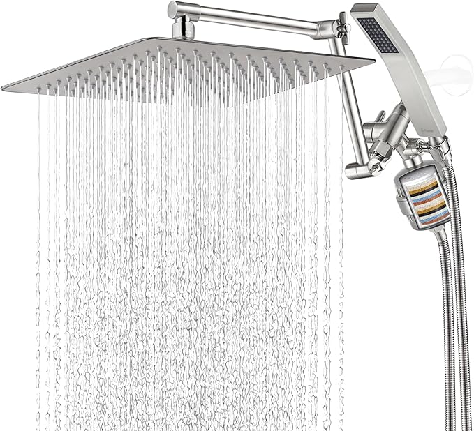 G-Promise All Metal 12 Inch Dual Shower Head with Handheld Combo, Rain Shower Head, with 16 Stage Shower Filter For Hard Water, Reduces Chlorine and Fluoride, Improves Dry Skin (Brushed Nickel)