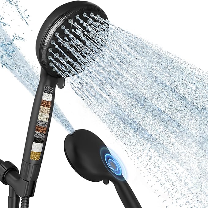 Filtered Shower Head with Handheld,7 Spray Settings High Pressure Showerhead Built in Power Wash to Clean Tub, Tile & Pet, Showerhead with Filters for Hard Water - Remove Chlorine, (black) - AquaVibe