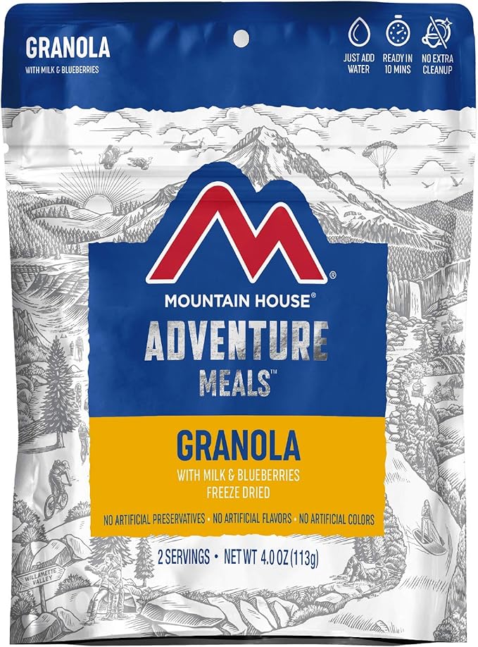 Potable Aqua Water Purification Tablets Two 50ct Bottles and Mountain House Granola with Milk & Blueberries Freeze Dried Backpacking Food 2 Servings