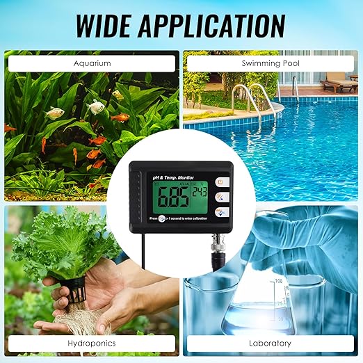 Digital pH & Temperature Water Monitor with Large LCD Display, Replaceable Probe, ATC Function, Wall Mount Design for Aquarium, Pool, Spa, and Hydroponics