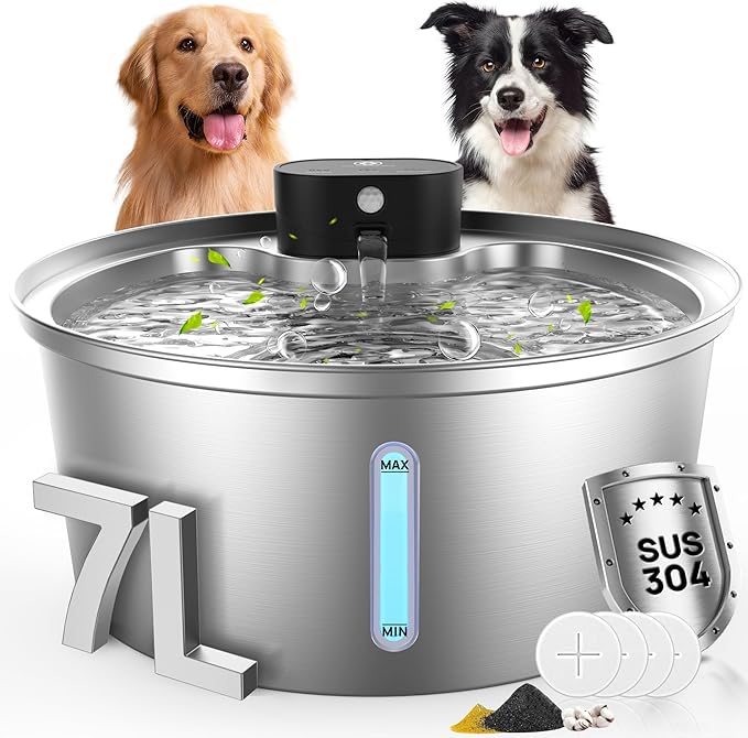 7L Wireless Dog Water Fountain, 6000mAh Battery Operated Stainless Steel Pet Water Dispenser for Large Dogs, Cordless Motion Sensor Water Bowl with Auto Shut-Off, Outdoor/Indoor, Easy-to-Clean