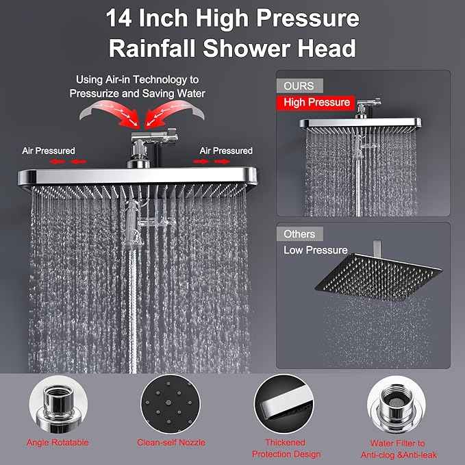 Dual shower Head with Handheld and Filter-14'' Rainfall ShowerHead,High Pressure Handheld Shower Head with Filters for Hard Water,7Spray with Power Wash,3-Way Setting for Couple Bathroom