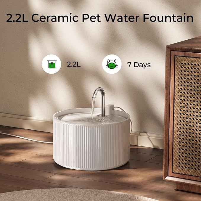 Ceramic Cat Water Fountain, 2.2L/74oz Ceramic Cat Fountains for Drinking Indoor with 3 Replacement Filters and 3 Sponges, Automatic Pet Water Dispenser with Ultra-Quiet Pump