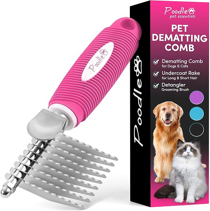 Poodle Dematting Fur Rake Comb Brush for Dogs and Cats - Long 2.5" Steel Safety Blades Metal Comb for Detangling Matted or Knotted Undercoat Hair - AquaVibe