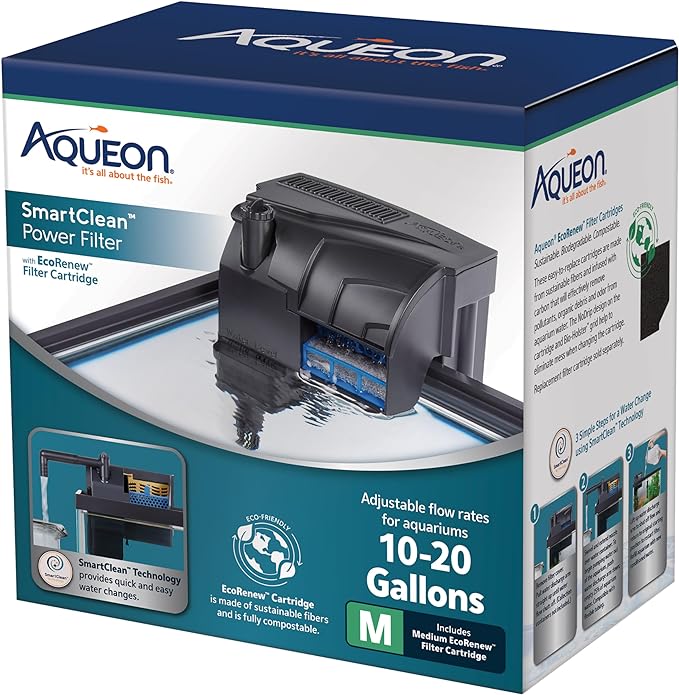 Aqueon SmartClean Power Filter with EcoRenew Filter Cartridge, Quick and Easy Water Changes, Quiet Operation, Adjustable Flow, for 10-20 Gallon Freshwater and Saltwater Aquariums, Medium - AquaVibe