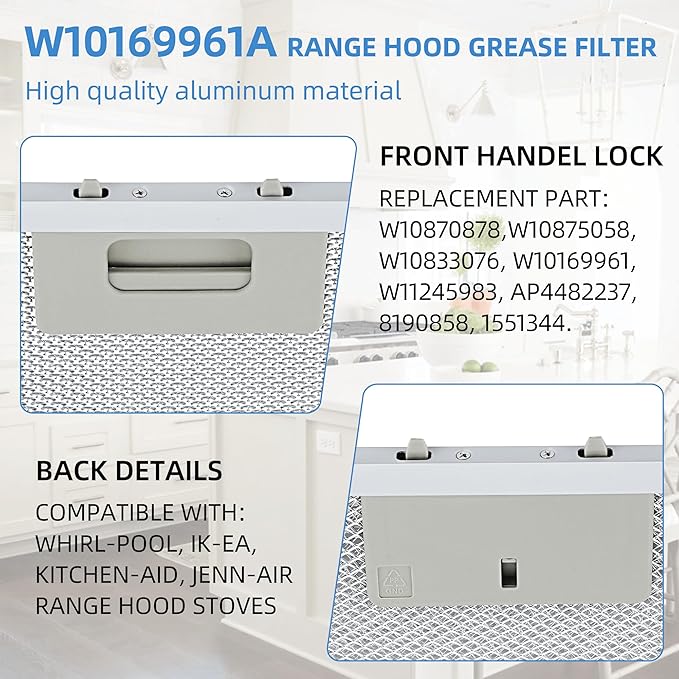 10.5x12 Inch W10169961A Range Hood Aluminum Mesh Filter Fit for Whirl-pool, Ik-ea, Kitchen-Aid, Jenn-Air Replace W10870878, W10875058, W10833076, W10169961, W11245983 by Fetechmate 3 Pack - AquaVibe