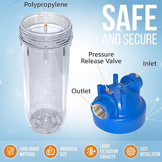 10 Inches European Design Transparent Standard Whole House Water Filter System with Presser Relief Valve, 3/4” Inlet/Outlet Brass Port and Yearly Supply (4) Pleated Sediment Cartridges 5 Micron