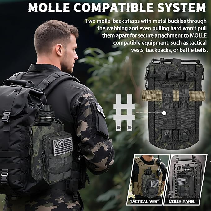 Half Gallon Water Bottle Insulated with Sleeve - Tactical 64 oz Stainless Steel Water Jug with MOLLE Water Bottle Pouch, Gym Water Bottles for Men Hiking Workout (Black Camo)