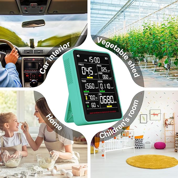 XOOPON 13-in-1 Indoor Air Quality Monitor with PM1.0/2.5/10, CO2, HCHO, TVOC, Temp, Humidity & Time, 4 Alarm Modes, Portable Air Quality Tester for Home, Office, Car, Wall-Mount or Desktop Use