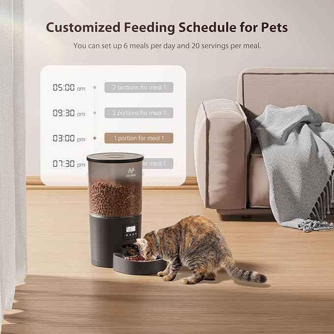 IMIPAW Automatic Cat Feeders, 5L Large Capacity, Timed Feeding Dry Food, Dual Power Design, Programmable Portion Size, 1-6 Meals Per Day, with Desiccant, Suitable for Small Pets Food Dispenser, Black