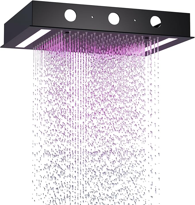 14x20 Inch LED Rainfall Shower Head- High Pressure Overhead Shower Heads with Water Filter Large Square Ceiling Mounted Bath Showerhead for Strong Spray & Relaxing Rain Shower (Black)
