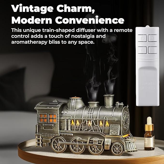 OMEO Silver Small Train Aromatherapy Humidifier & Essential Oil Diffuser - Dual Mist, Quiet Ultrasonic, 300ML Tank, Remote Control, LED Light, Air Purifier for Home, Office, and Bedroom Use