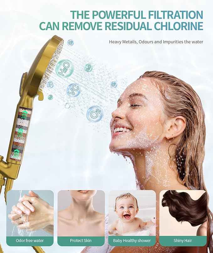 SR SUN RISE Filtered Shower Head with Handheld High Pressure 9 Spray Mode Showerhead Detachable Shower Head Water Softener Filters Beads for Hard Water Remove Chlorine 1 Filter Brushed Gold