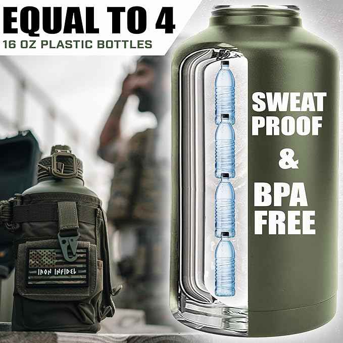 Iron Infidel Battle Bottle - Half Gallon Insulated Water Bottle with Paracord Handle, Large 64 oz Stainless Steel Water Jug with Rugged, Removable Sleeve for Keys, Wallet, & Phone (Live Free 2 Liter)