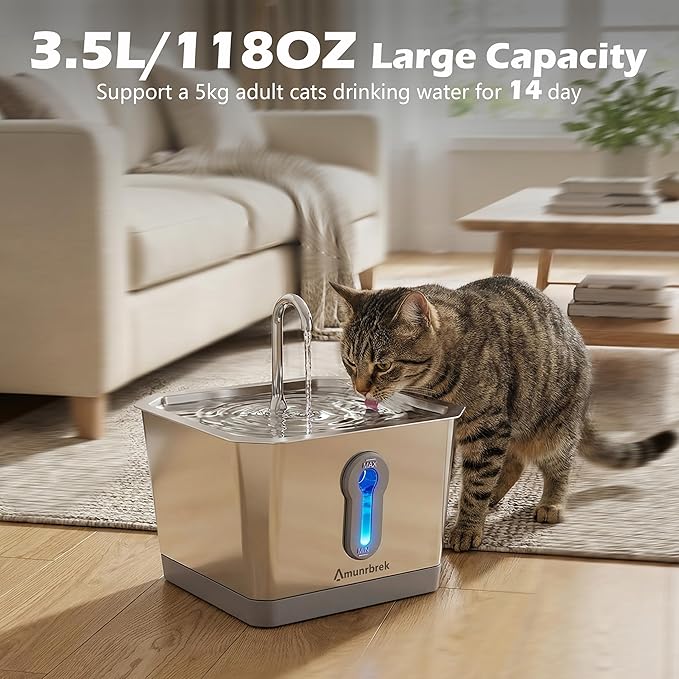 Cat Water Fountain Stainless Steel with 3.5L/118oz Capacity, Wireless Automatic Cat Water Dispenser with App Monitoring & 2.4G WiFi, Indoor Pet Fountain for Cats and Dogs
